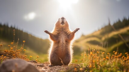 cute alpine marmot, groundhog standing on its paws. screams and whistling after ibernation on spring