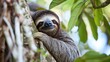  a sloth hanging from the side of a tree with its head hanging over the edge of the tree, with it's eyes wide open, wide