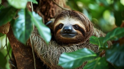 Wall Mural -  a close up of a sloth in a tree with leaves on it's sides and a smile on it's face as if it's face.