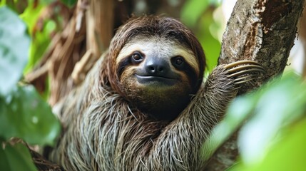 Sticker -  a three - toed sloth hanging from a tree branch in a tropical forest, with its front paws on the side of the branch of the sloth.