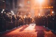 Glamorous movie premiere with blurred bokeh effect and celebrities posing on red carpet