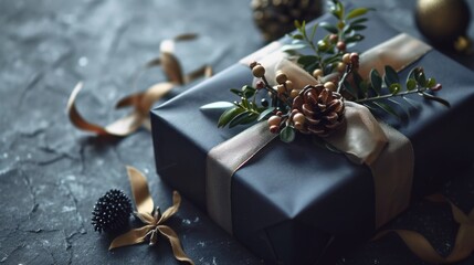 Sticker -  a present wrapped in a black paper with a ribbon and a pine cone on top of it, surrounded by christmas decorations and a ribbon on the side of the present.