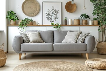 Simple, gray sofa standing next to a white cupboard in living room interior with decorations on wooden shelves. Real photo.