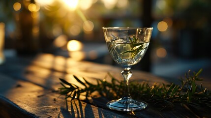 Poster -  a glass of water sitting on top of a wooden table next to a sprig of green leafy grass on top of a wooden table top of a wooden table.