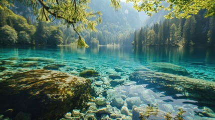 Wall Mural -  a body of water surrounded by trees in the middle of a forest with clear blue water and rocks on both sides of the water and a mountain range in the distance.