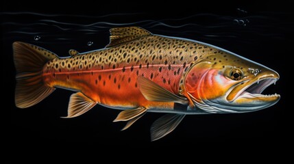 Sticker -  a painting of a brown and orange fish with it's mouth open and it's mouth wide open and it's mouth wide open, on a black background.