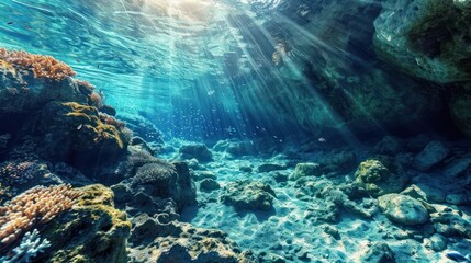 Sticker -  an underwater view of a coral reef with sunlight streaming through the water's surface and sunlight streaming through the water's surface, with sunlight streaming through the water's surface.