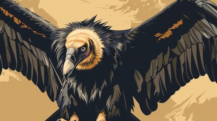 Poster -  a painting of a large black bird with a yellow beak and a black and brown beak, with its wings spread out, with a yellow background of mountains and brown.