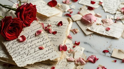   a bouquet of red roses sitting on top of a piece of paper with writing and paper shavings all over it and a rose laying on top of other pieces of paper.