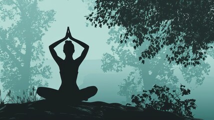 Poster -  a silhouette of a woman doing yoga in front of a tree in a foggy forest with her hands up in the air while sitting in a yoga position on a rock.