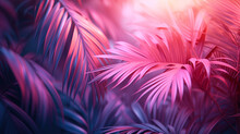 Creative Fluorescent Color Layout Made Of Tropical Leaves, Neon Colors. Nature Concept. Minimal Summer Abstract Jungle Or Forest Pattern.