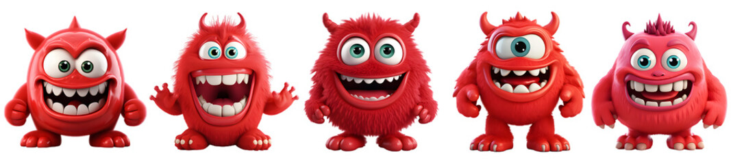 Wall Mural - Cute red monsters collection, cartoon style. On Transparent background