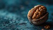 A pecan nut in a half shell on a textured blue background