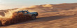 4x4 off-road vehicle speeds through the desert through sand dunes with copy space
