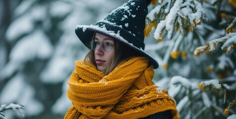 Woman in snowy scene with yellow scarf and black hat