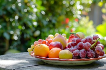 delicious fruit platter on rustic garden table, Generative AI