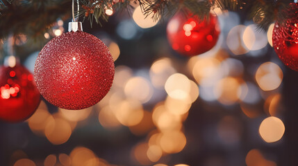 Wall Mural - Closeup of Festively Decorated Outdoor Christmas tree with bright red balls