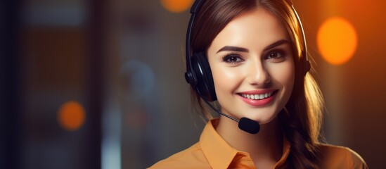 Poster - Friendly helpline operator in call center with a smile.