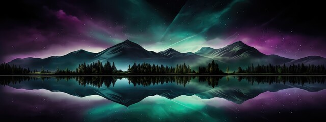 colorful northern lights over lake and snowy mountains. fantasy panoramic winter landscape backgroun