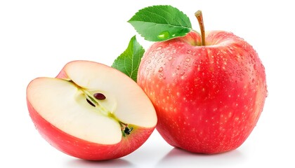 Wall Mural - Red apple fruit with half and green leaf isolated on white