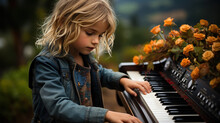 Little Girl Plays Piano Standing In Garden