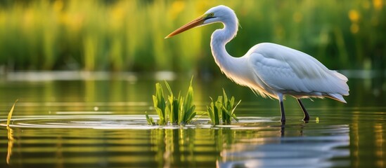 Canvas Print - Wildlife photo of a majestic white bird in calm Danube Delta waters.