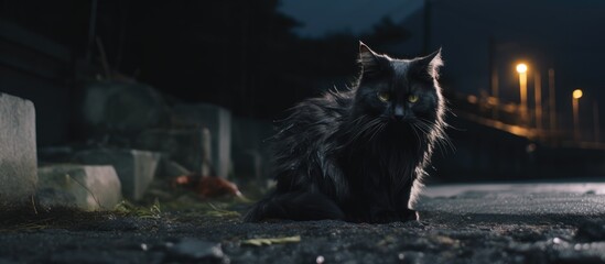 Wall Mural - I discovered a cat during my Japan trip. Its dark fur allows it to blend into darkness, with only its eyes visible in the picture.