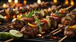 Shish kebab in wood skewers. grilled meat skewers on a grill, known as shish kebab, sizzle over the flames, enticingly charred and mouthwateringly delicious. food