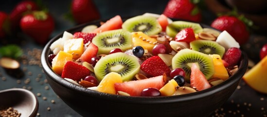 Canvas Print - Fruit salad with banana, kiwi, watermelon and mango in orange bowl with cereals.