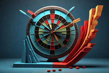 Dartboard with arrow on a rising bar graph, symbolizing enhanced business objectives, targets, and goals. 3D render for a conceptual and dynamic visual.