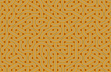 Wavy Tangled Lines Seamless Pattern. Retro Brown, Orange Colors. Hexagonal Truchet, Creative Coding Computational Design.