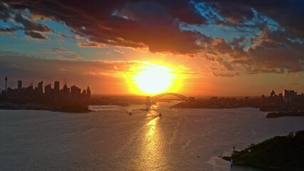 Wall Mural - Sydney harbour bridge in sunset sun light. Australia cityscape panorama