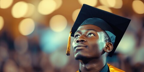 Black boy at graduation on blurred background, Young black man with graduation cap