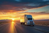 Fototapeta  - Box truck on the road at sunset, cargo truck