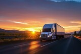 Fototapeta  - Box truck on the road at sunset, cargo truck