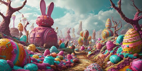 Wall Mural - Easter fantasy world with bunnies, giant chocolate eggs and colorful sweets