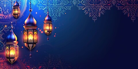 Wall Mural - Ramadan card with lanterns and arabic decoration on blue background with copy space