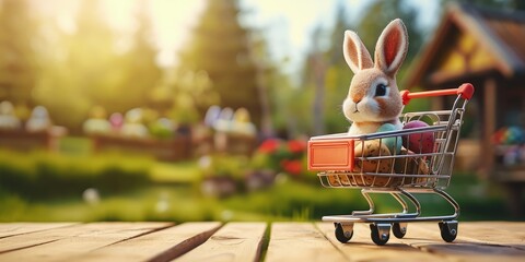 Wall Mural - Shopping cart with bunny and easter eggs on wooden table and farm landscape in the background