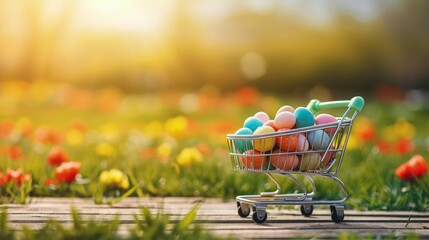 Wall Mural - Shopping cart with colorful Easter eggs on a wooden deck in landscape with grass and flowers