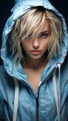 Poster - Portrait of a young blonde woman in a blue zipped hoodie