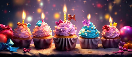 Canvas Print - Tasty cupcakes with candles and presents. Celebration.