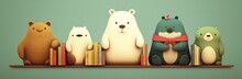 A Row Of Cute Animals Reading, Contemporary Cartoon Art Style, Little Animals Who Like To Read, Children's Library, Bookstore Children's Book Banner, Children's Book Catalog Column (extra Wide Ratio)