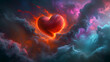 Abstract red flaming heart-shaped planet with nebulae of purple and cyan hues, planet Valentines