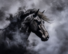  Bohemian Black Horse With Blowing Mane Surrounded By Clouds Of Grey Smoke. Equine Art And Equestrian Photography In Black And White For Mobile Graphic Resource. Pony Mustang Horse Artwork By Vita