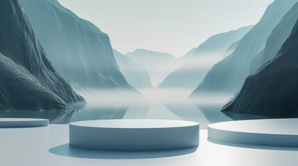 Wall Mural - 3d illustration of empty podium with mountain background.