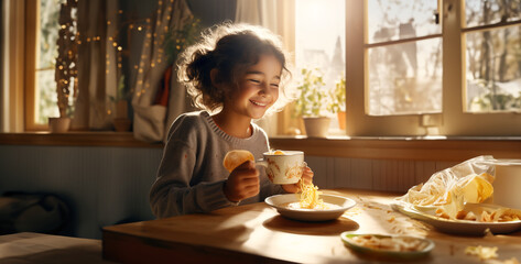 woman drinking coffee at home, a soup advertisement showing a girl having