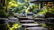 A nicely designed garden with a Zen stone walk that conveys peace and tranquillity, Generative AI.