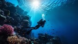Fototapeta Fototapety do akwarium - A scuba diver is submerged in a tropical ocean coral reef, Generative AI.