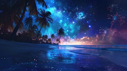 Enchanting Ocean Bliss: Starlit Sky, Coconut Palms, and Fiery Fireworks