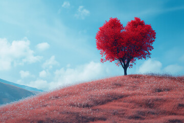 pastel tree in heart shape on the hill for valentine's day concept